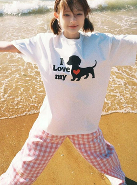 白色短袖T恤女2025新款重磅纯棉宽松潮牌HEYABC小狗印花情侣上衣