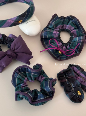 秋冬蓝紫色格纹发圈填充蓬蓬蝴蝶结大肠发圈马尾发绳发饰日常百搭