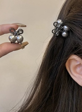 公主头高级感发夹前额新款灰色樱桃珍珠小抓夹刘海夹侧边夹子发饰