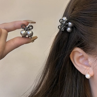 公主头高级感发夹前额新款灰色樱桃珍珠小抓夹刘海夹侧边夹子发饰