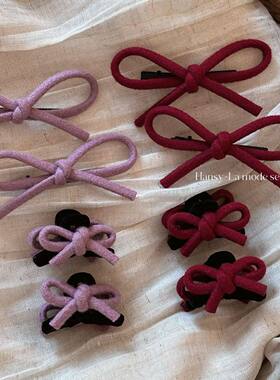 毛呢新年红色蝴蝶结发夹公主头小抓夹高级感时尚百搭鸭嘴夹发饰