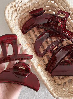 透红色简约抓夹气质百搭鲨鱼夹博主洋气中号盘发发饰新款半扎发夹