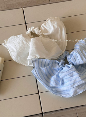 慵懒风蓝白色条纹打裙摆大肠发圈高级感韩系新款双层百搭头绳发饰