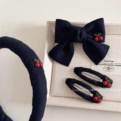 日系风格藏青小樱桃布艺发夹刘海夹BB夹高级感藏蓝色蝴蝶结发卡女
