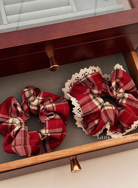 红色蕾丝格子大肠发圈女高级感新年圣诞氛围感韩系头绳发绳头饰