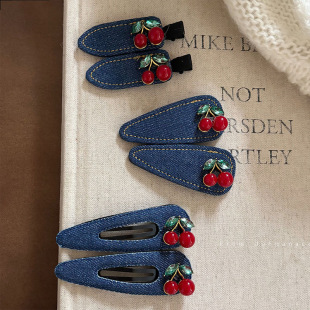 深蓝牛仔布艺红樱桃水钻发夹女新款 发饰可爱边夹刘海夹BB夹鸭嘴夹