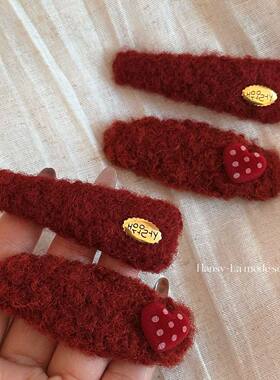 新年点点爱心金标红色椭圆bb夹毛绒侧边发夹高级感精致刘海夹发饰