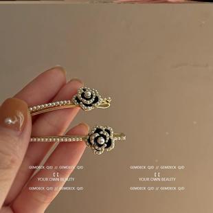 复古主义~法式山茶花朵珍珠发夹一字夹 复古赫本仙气质高级感发夹