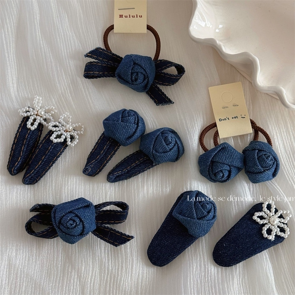 深色牛仔系列可爱小米珍珠玫瑰花朵发夹发圈BB夹侧边夹发饰新款