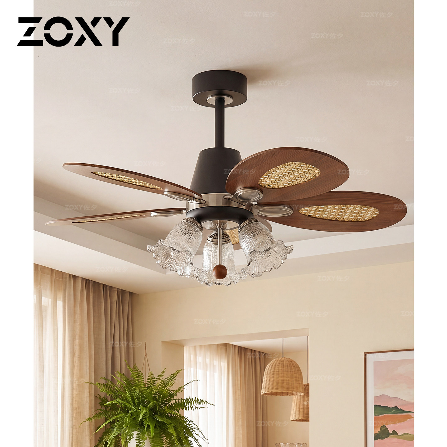 zoxy 法式复古风扇灯 北欧中古创意南洋客厅餐厅家居铃兰花吊扇灯