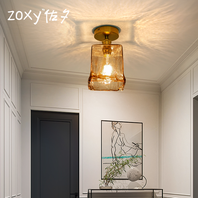 zoxy佐夕 黄铜过道吸顶灯复古琥珀色玻璃入户门厅灯走廊阳台灯具