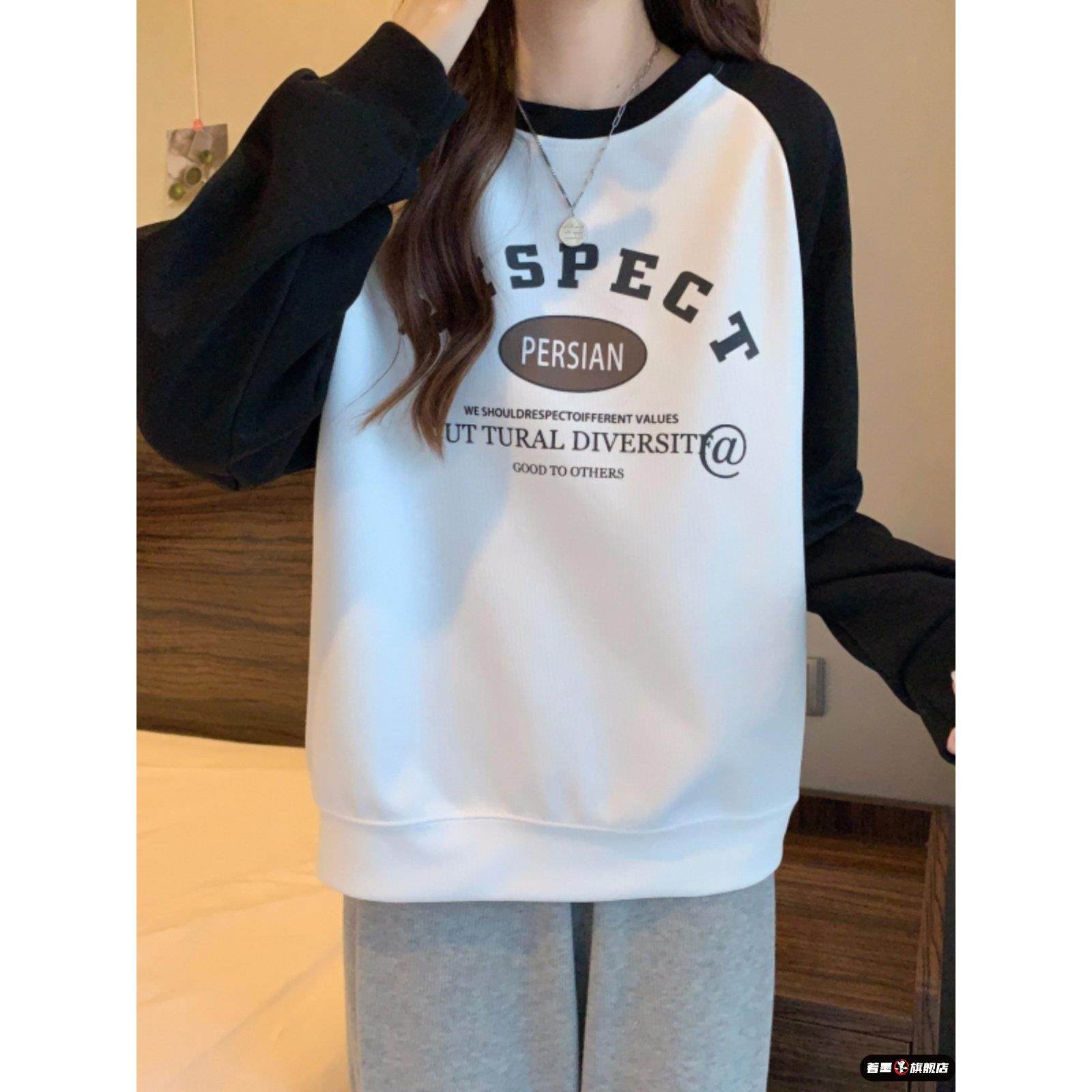 美式圆领卫衣少女大童秋冬2025新款初中高中学生宽松加绒长袖上衣