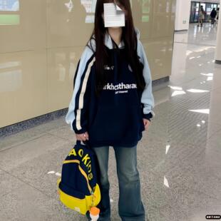 国潮美式三条杆拼接撞色插肩卫衣女大童春秋季初中生oversize外套