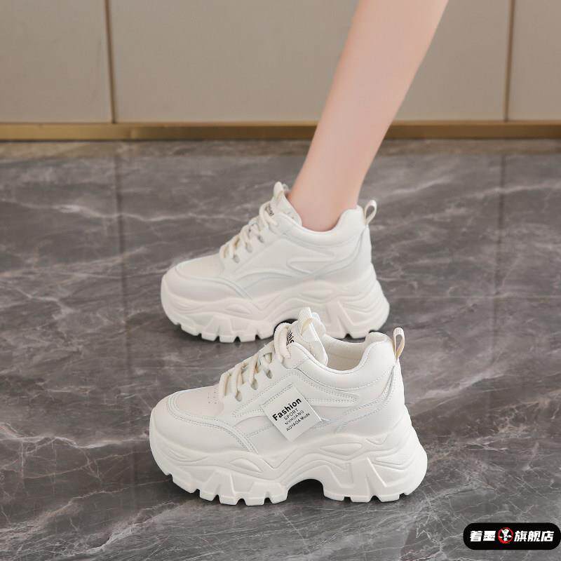 女士小个子增高老爹鞋8CM厚底春款休闲鞋配阔腿裤皮面运动鞋