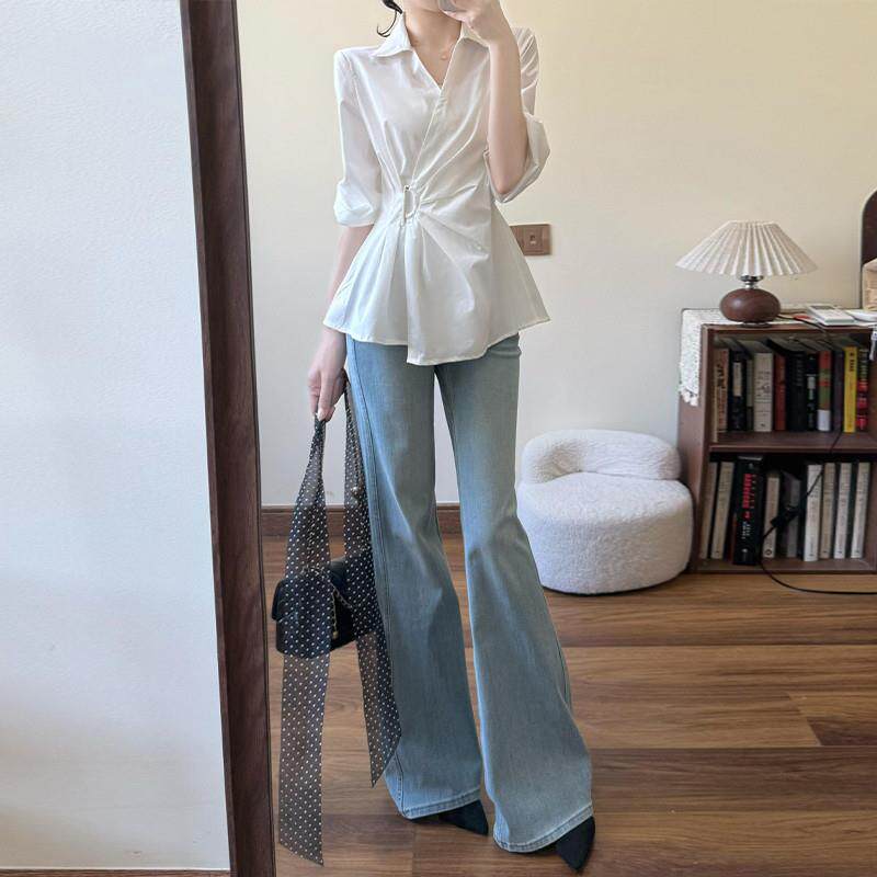 女士v领收腰衬衫上衣法式白色长袖女装时尚小众设计长袖衬衣气质