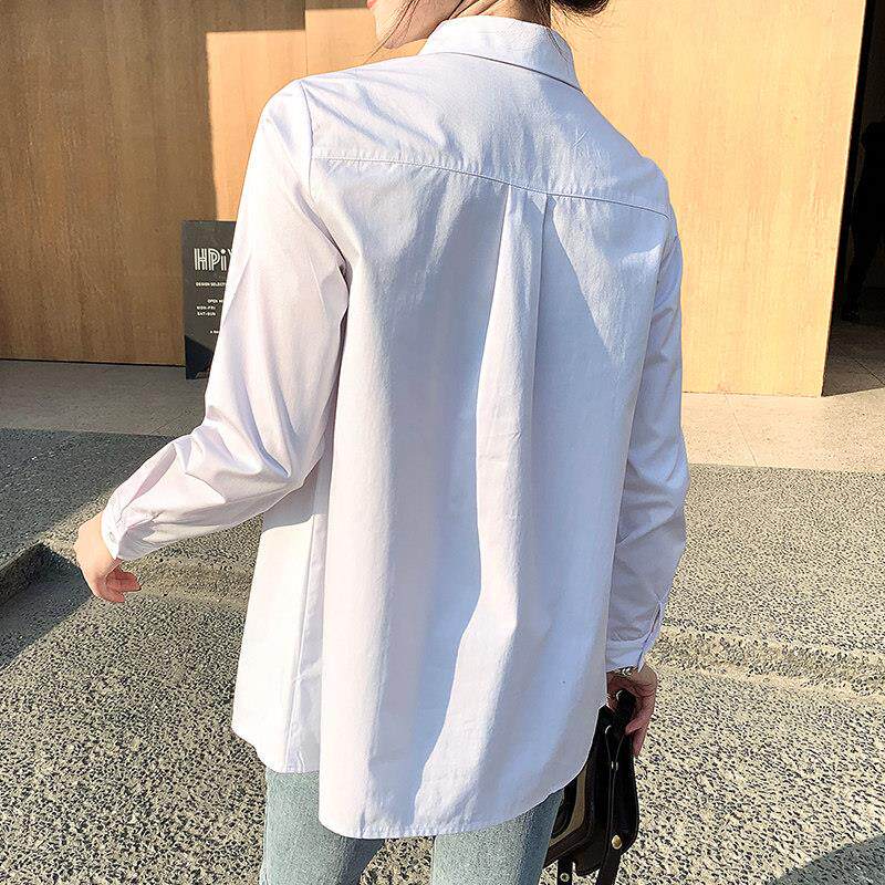 孕妇翻领短袖工装衬衫白色职业装宽松上衣夏季中长款春秋工作衬衣