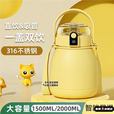 吨吨桶保温杯316不锈钢2000ml毫升大容量智能显温大肚吸管水壶女