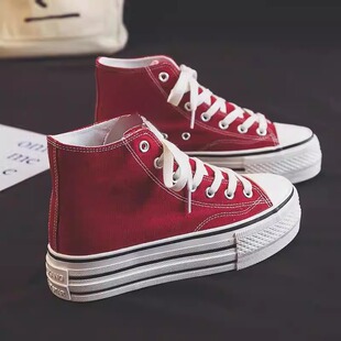 春季帆布鞋女款高帮新款高帮厚底增高红色休闲百搭ins复古简约款