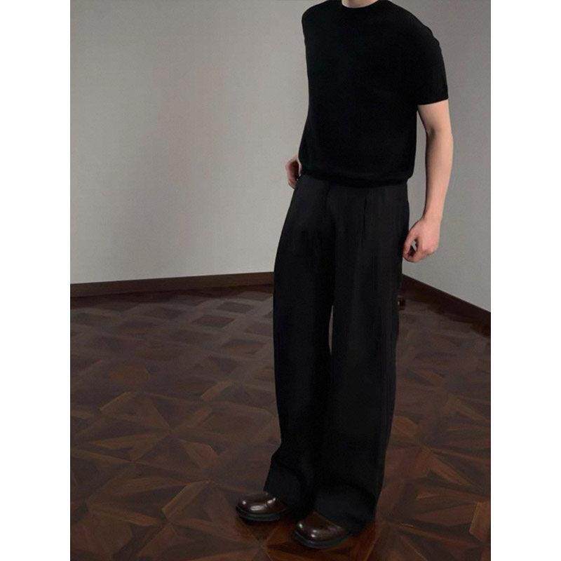 男士老钱风垂感西装裤复古亚麻阔腿垂坠感西裤cleanfit高级感直筒