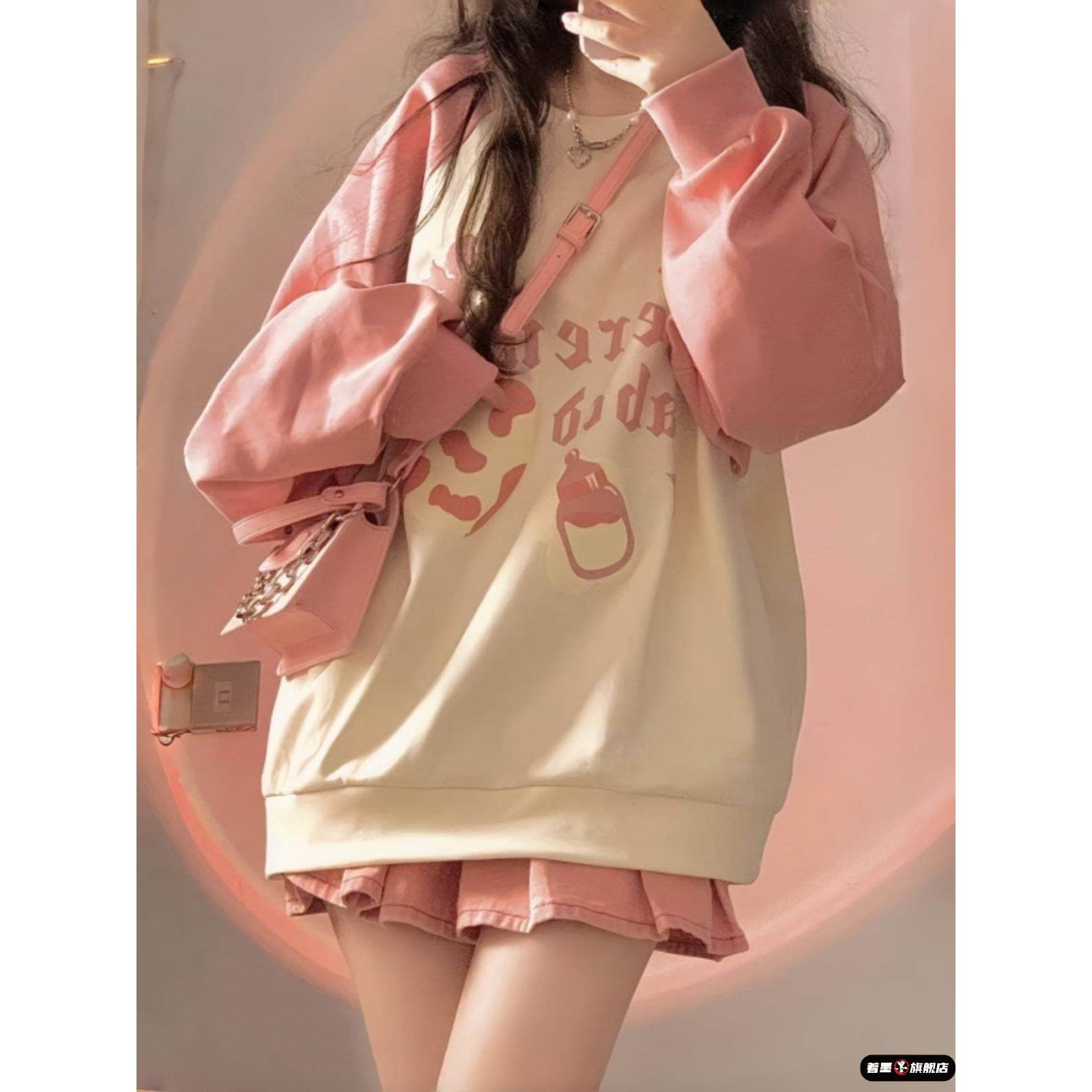 少女粉色圆领卫衣女大童春秋季加绒初中高中学生宽松长袖无帽上衣