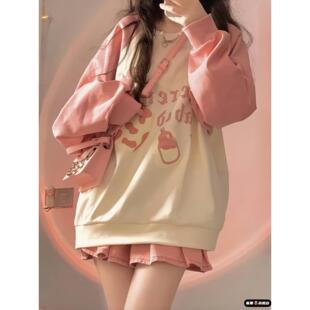 少女粉色圆领卫衣女大童春秋季加绒初中高中学生宽松长袖无帽上衣