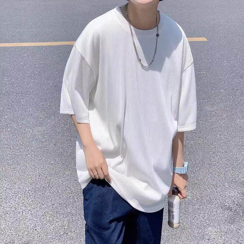 男士垂感冰丝五分袖t恤宽松特大码蓝色加肥加大凉感短袖男款夏季