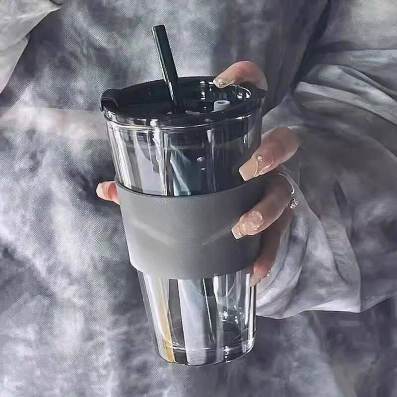 水杯夏季女高级感玻璃杯子男生轻奢带吸管盖咖啡杯情侣家用高颜值