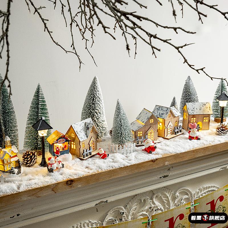 圣诞发光氛围摆件节小木屋树微景观造景小镇壁炉装饰场景布置道具