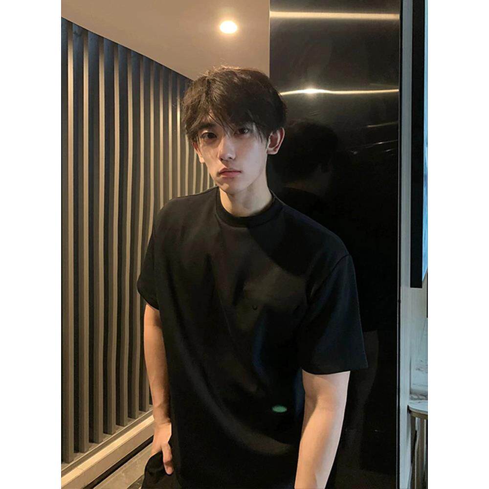 美式小领口男正肩重磅t恤新款藏青色短袖款夏季高级感修身半截袖