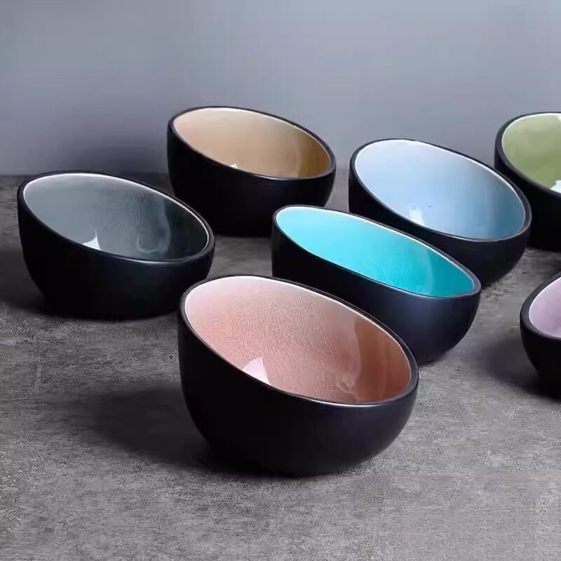 创意冰裂釉陶瓷碗家用碗米饭碗甜品碗吃饭碗斜口碗冰裂纹异形碗