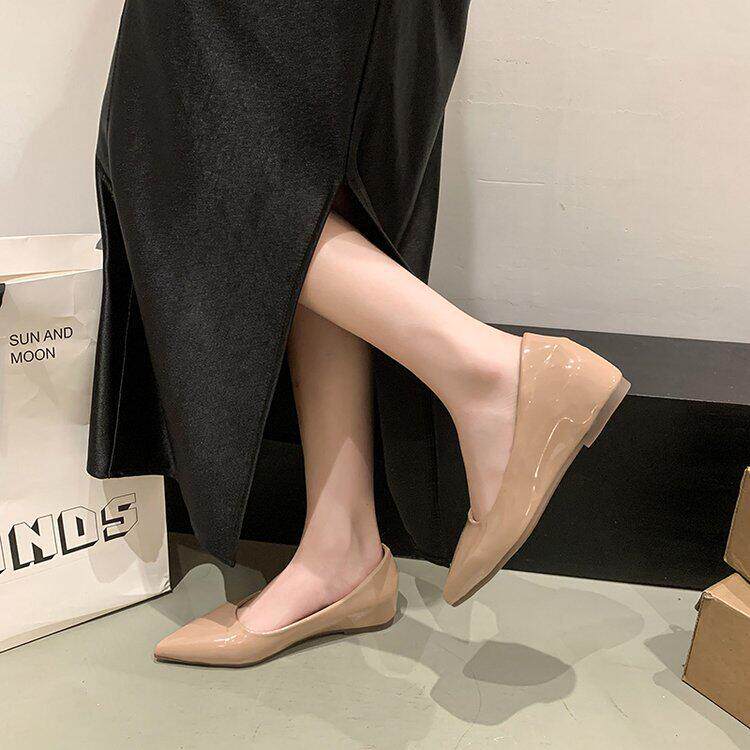 女士浅口增高单鞋裸色女2026新款春夏季尖头平底鞋内法式温柔风鞋