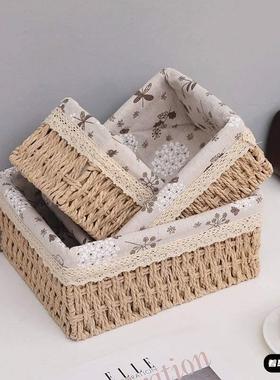 创意玄关草编收纳盘摆件进门口放钥匙收纳盒客厅欧式鞋柜杂物收纳