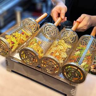 烧烤笼BBQ不锈钢滚动烧烤筒烧烤网烟熏烤肉圆形烤架烤篮