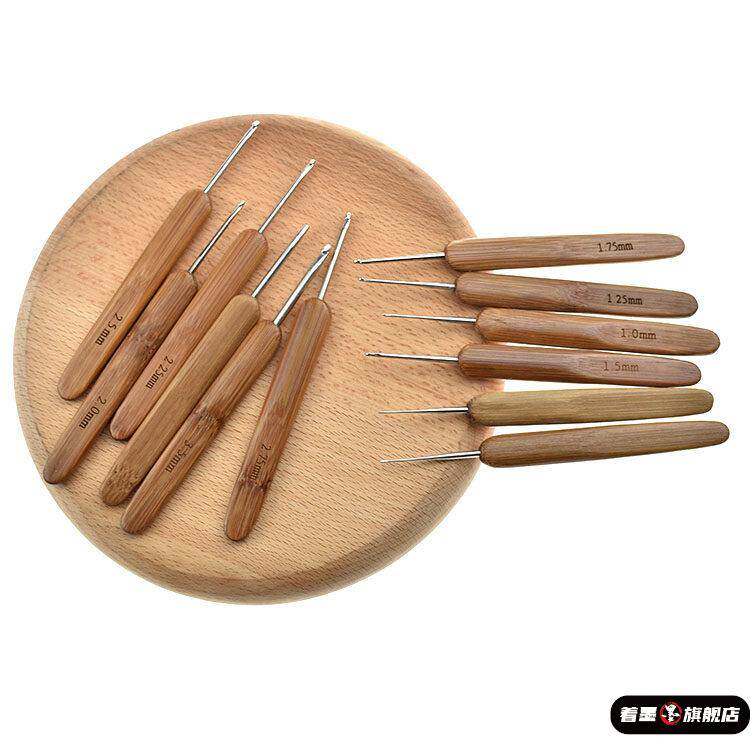 朗恩 手工竹柄不锈钢钩针8支装竹木手柄钩针勾针织毛衣毛线送教程