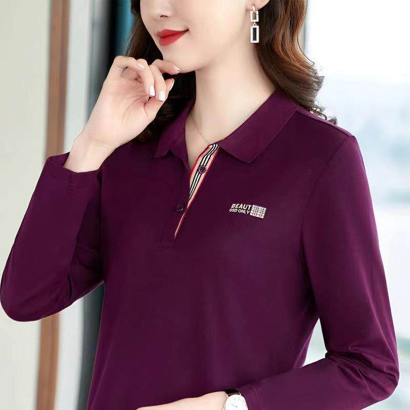 女士修身长袖t恤polo衫春秋季上衣2026年时尚妈妈宽松休闲运动衣