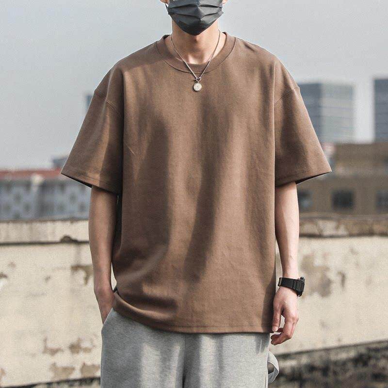 男士宽松落肩短袖纯白色重磅硬挺T恤男款夏季棉圆领正肩五分半袖