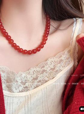 贵气又显白！复古红玛瑙串珠项链女款高级感锁骨链时尚毛衣链秋冬