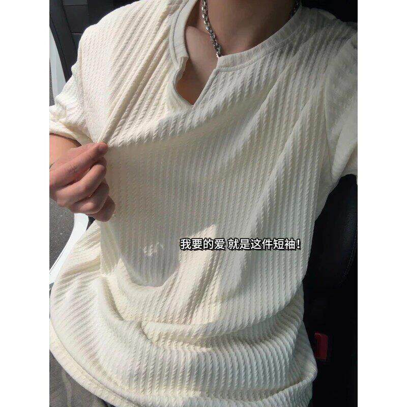 男士速干冰丝运动t恤肌理感V领短袖男夏季高级感痞帅衣服宽松潮流