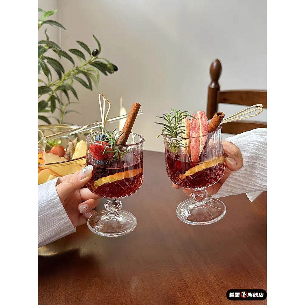高脚玻璃香槟杯小众复古ins风钻石浮雕可爱