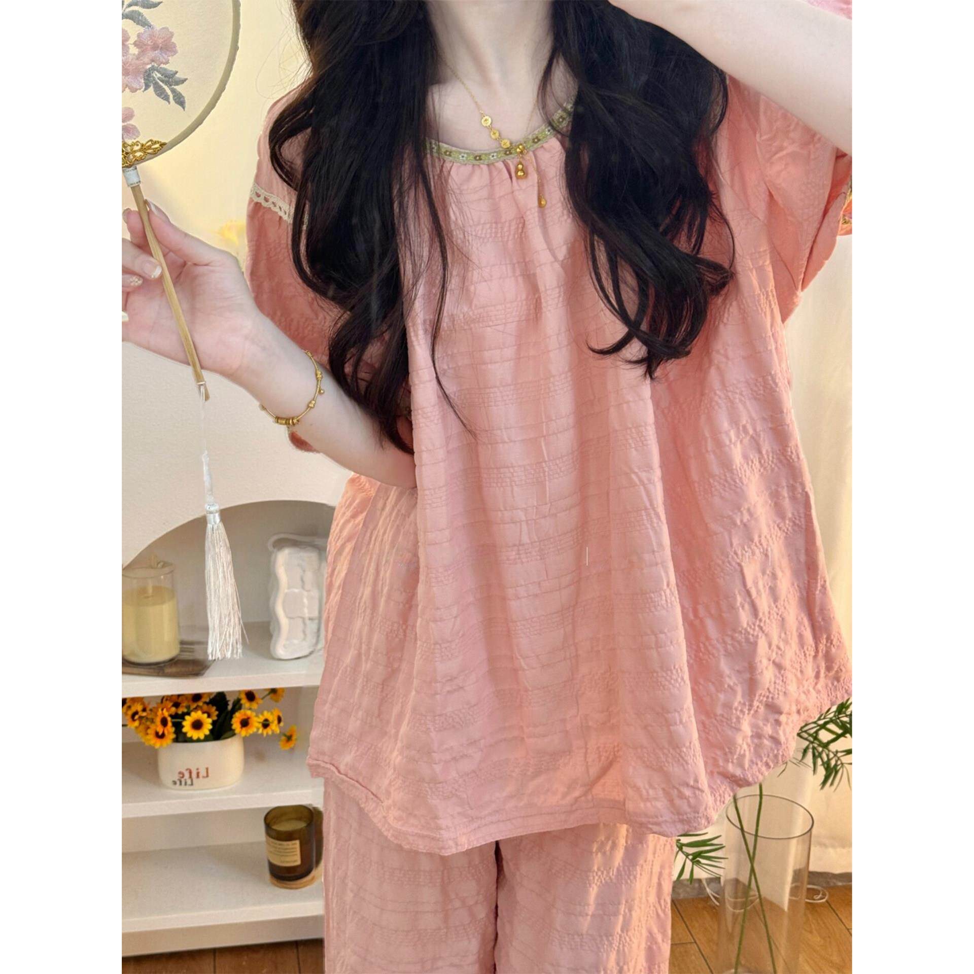 女士薄款家居服带胸垫国风睡衣女款2026新款夏季云朵棉短袖长裤