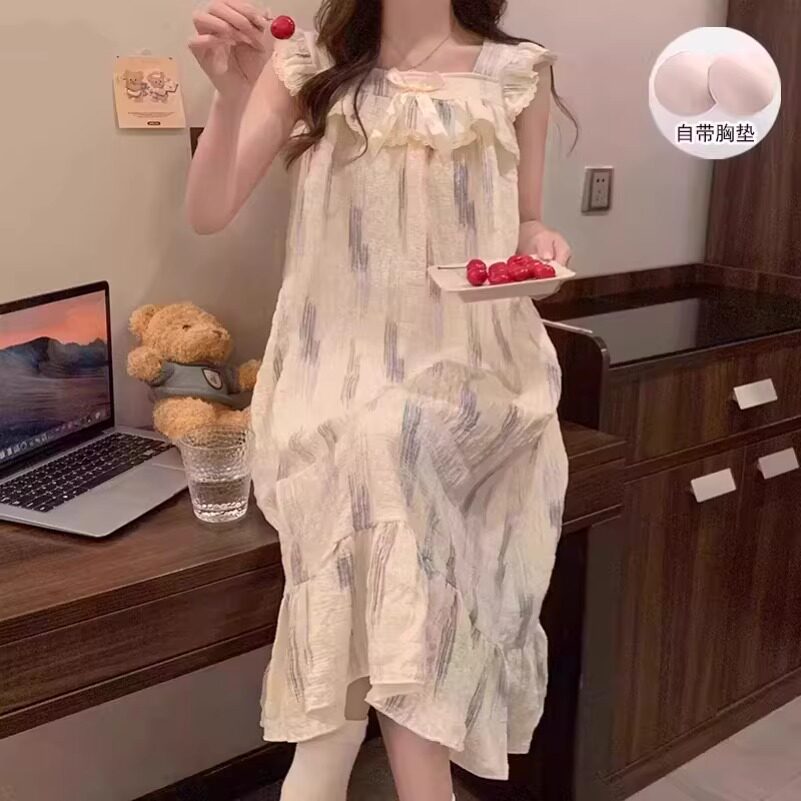 睡裙带胸垫一体式可外穿女款2026新款夏小飞袖可爱条纹小熊家居服