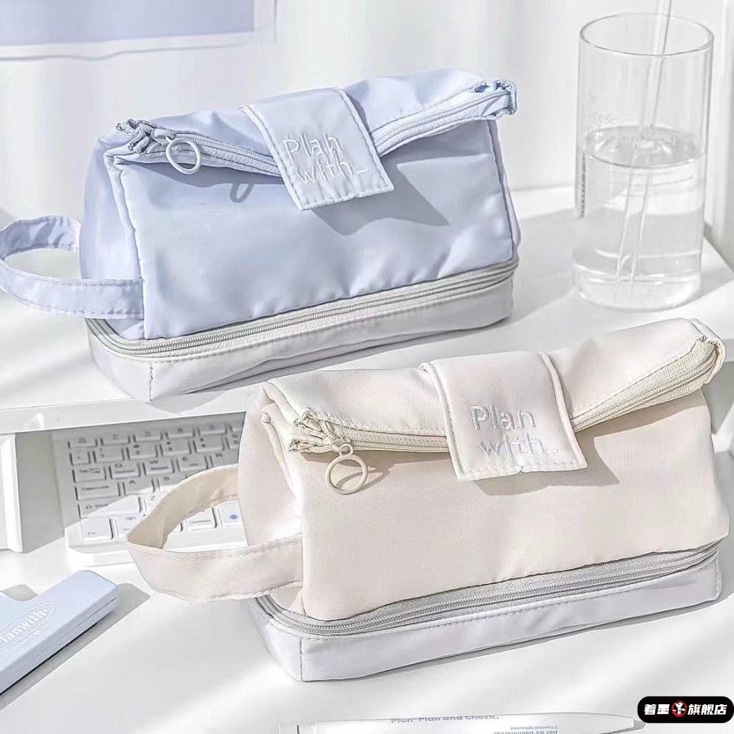 2025新款同款手提纯色简约帆布笔袋女生大容量文具盒高颜值风铅笔盒多功能双层铅笔袋学生文具袋