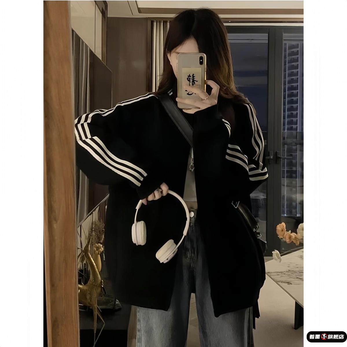 美式三条杠开衫卫衣女大童春秋2025初中高中学生宽松慵懒上衣外套