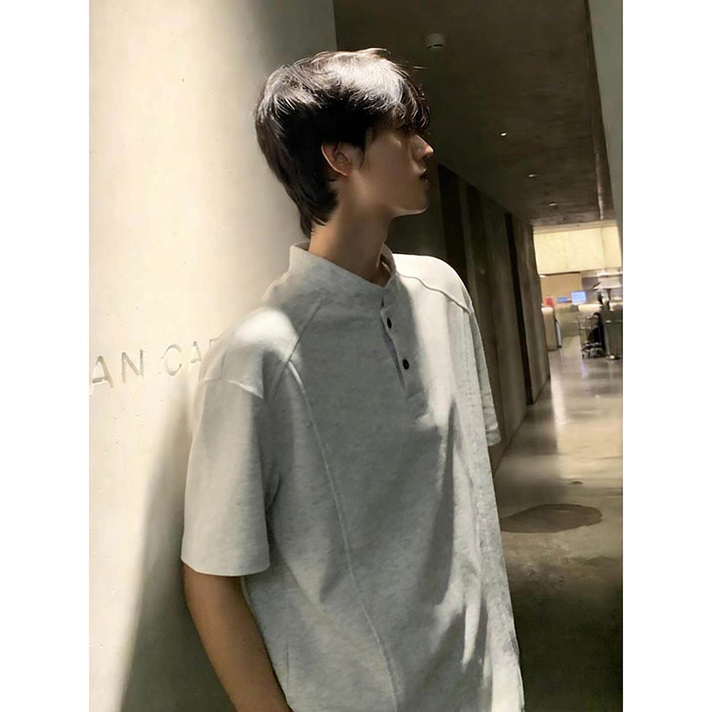 潮男不变形亨利领短袖重磅硬挺T恤男款春夏季2026款修身百搭半袖