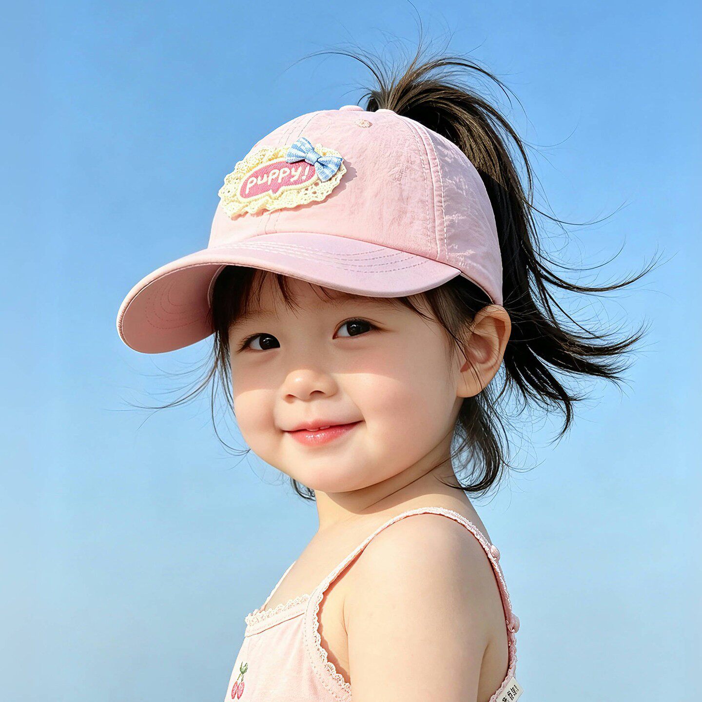 女童可扎马尾空顶棒球帽帽子夏帽蝴蝶结宝宝薄款速干鸭舌帽遮阳帽