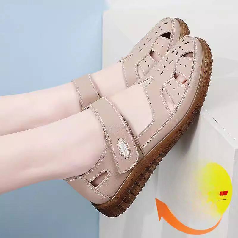 女士外穿平底浅口单鞋真皮妈妈凉鞋女夏季镂空透气中老年牛筋老人