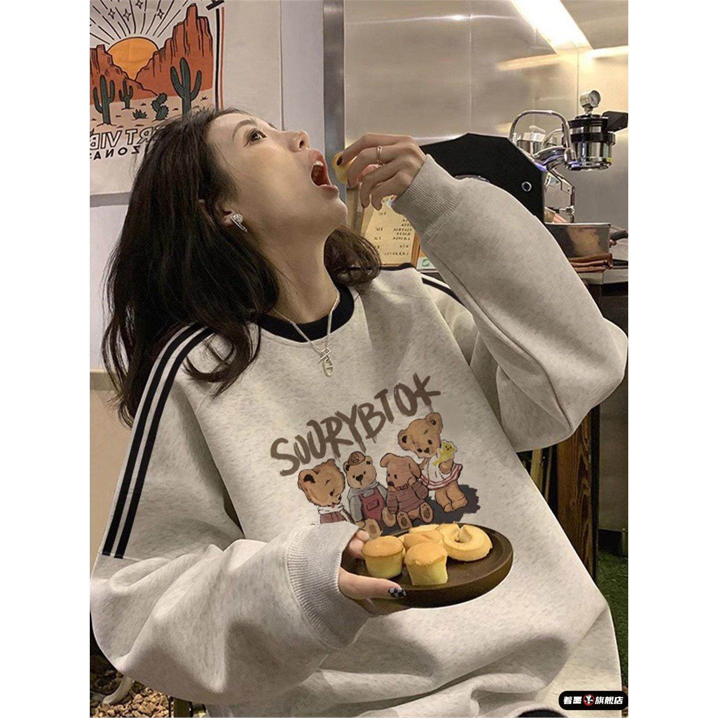 学院风卡通条纹圆领卫衣女大童2025秋冬新款初中高中学生宽松上衣