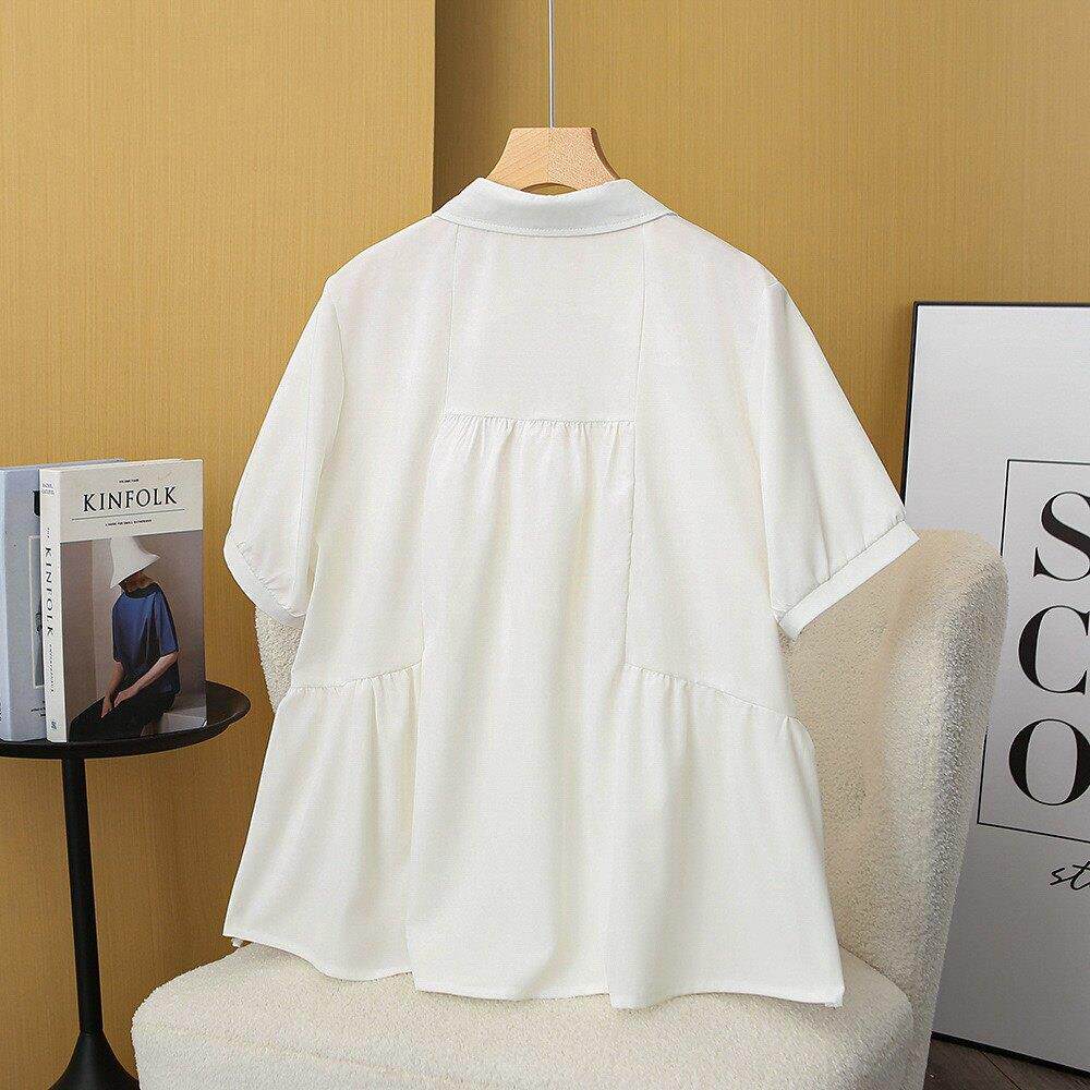 孕妇翻领短袖工装衬衫大码宽松200斤夏季服装白色职业面试遮肚子