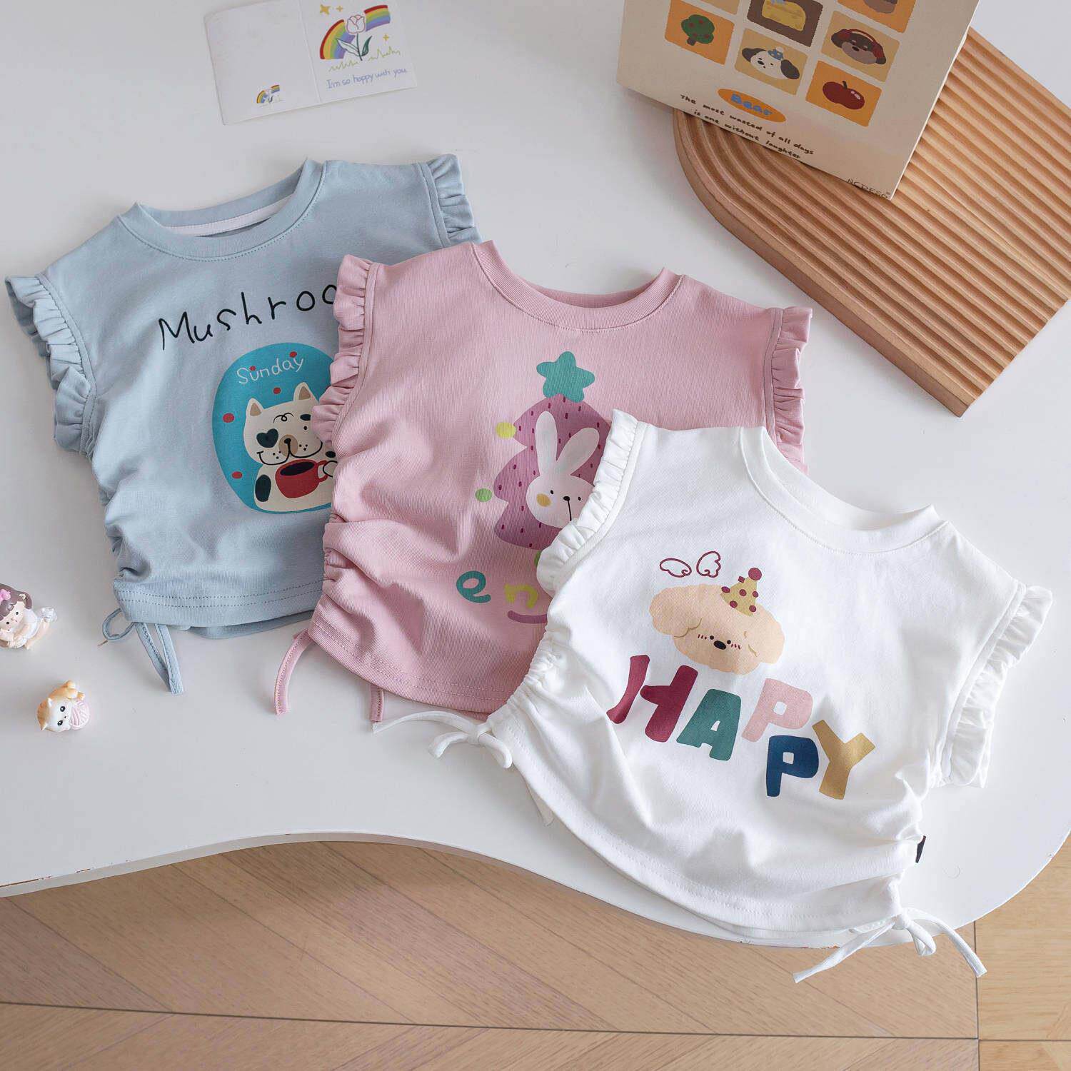 女童小飞袖无袖花边t恤宝宝背心夏季新款无袖短袖t恤外穿可爱花边