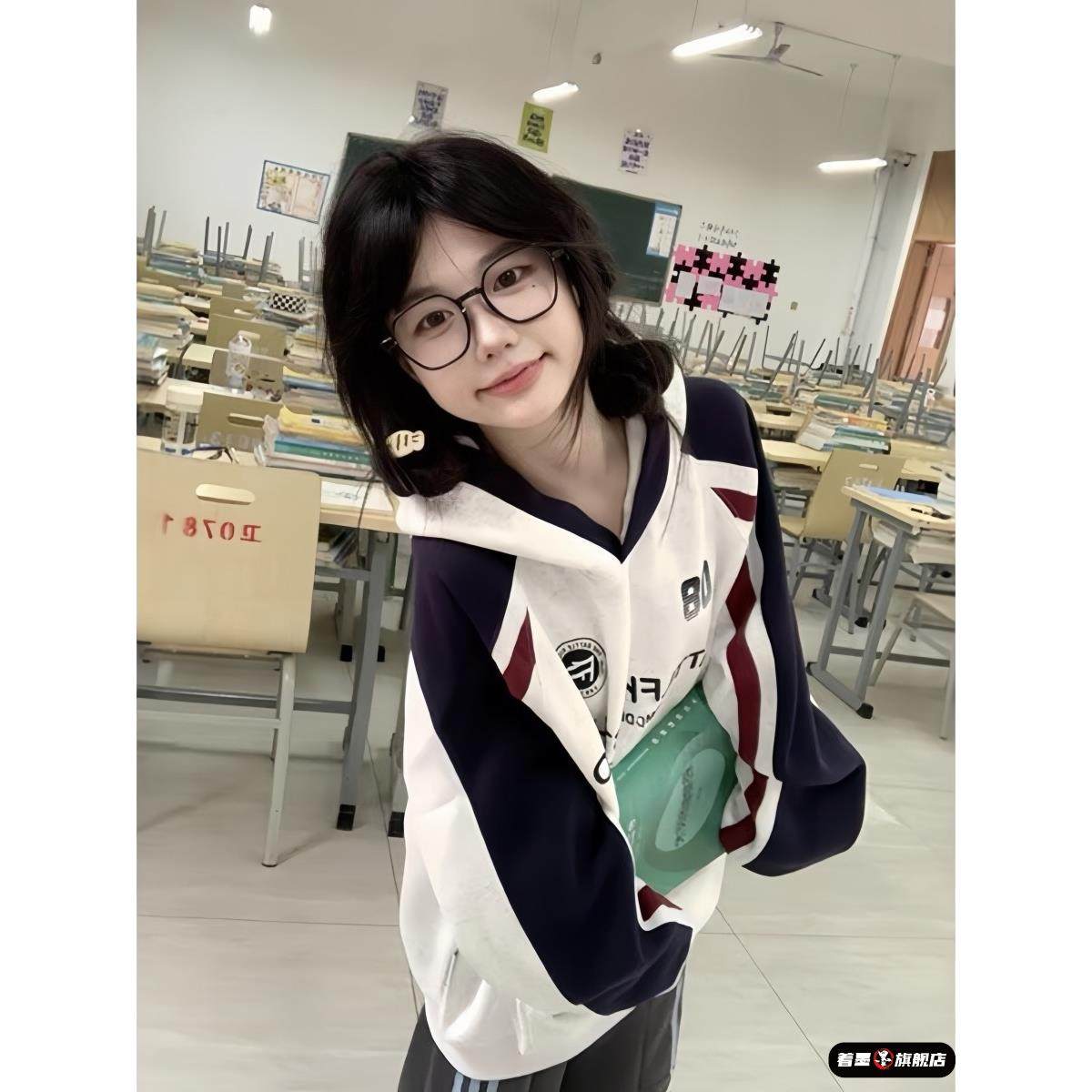 学院风连帽卫衣女大童秋冬2025新款初中高中学生宽松加绒上衣外套